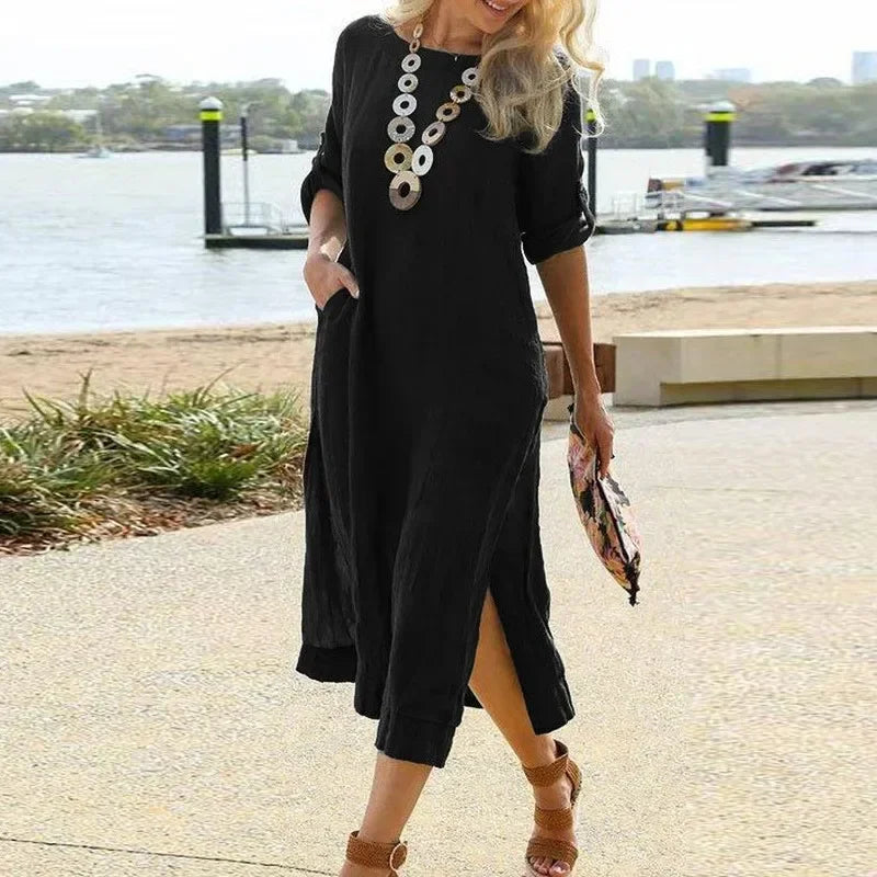 Spring Cotton Linen Oversize Women's Long Dress Black O-neck Pockets Side Split Loose Dresses Female Casual Ladies Clothes