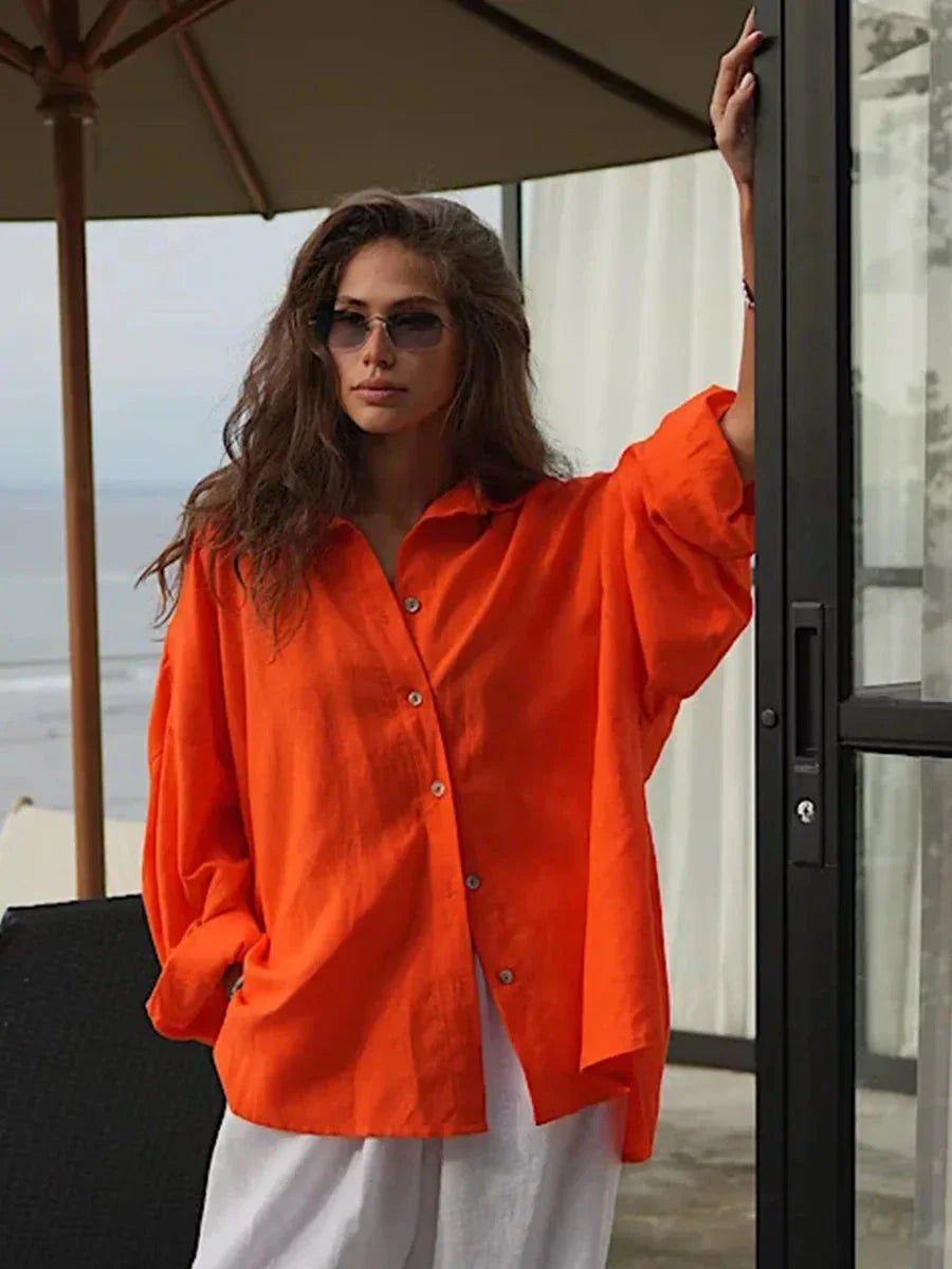 Women’s 100% Cotton Casual Shirt – Spring Summer Loose Fit Button-Down Cardigan Blouse, Solid Color Lightweight Top