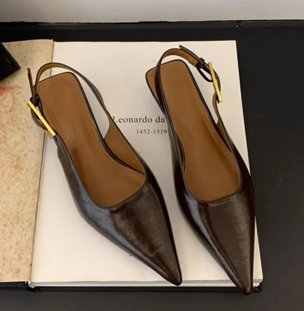 2025 Summer New Women Sandal Fashion Pointed Toe Shallow Slip on Ladies Elegant Slingback Shoes Thin Med Heel Dress Mules Pumps
