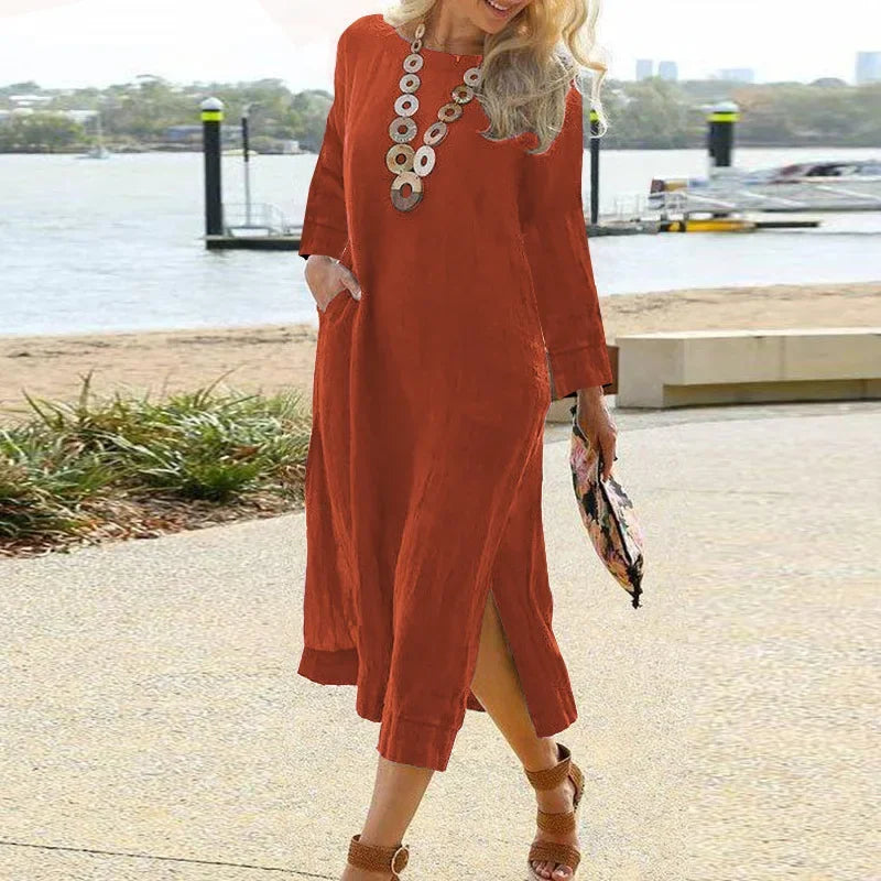 Spring Cotton Linen Oversize Women's Long Dress Black O-neck Pockets Side Split Loose Dresses Female Casual Ladies Clothes