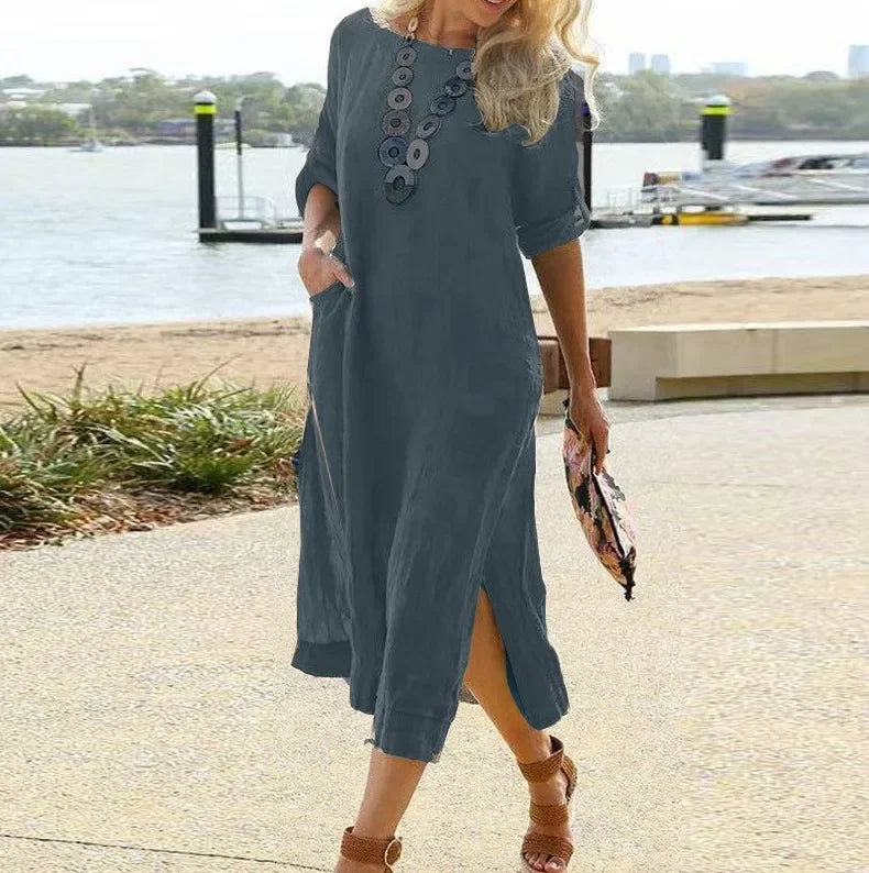 Spring Cotton Linen Oversize Women's Long Dress Black O-neck Pockets Side Split Loose Dresses Female Casual Ladies Clothes
