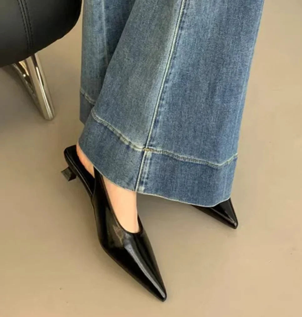 2025 Summer New Women Sandal Fashion Pointed Toe Shallow Slip on Ladies Elegant Slingback Shoes Thin Med Heel Dress Mules Pumps