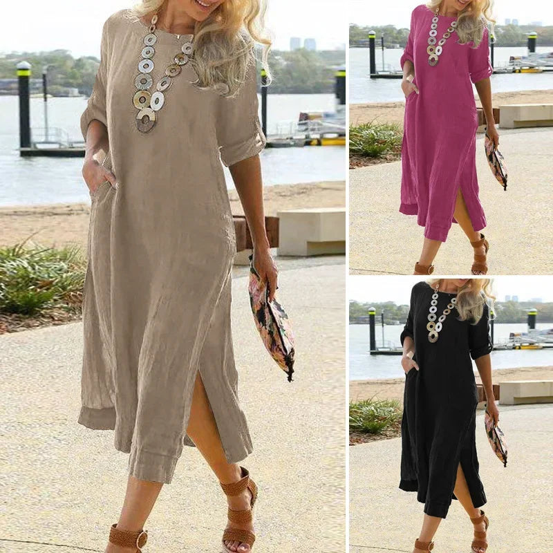 Spring Cotton Linen Oversize Women's Long Dress Black O-neck Pockets Side Split Loose Dresses Female Casual Ladies Clothes
