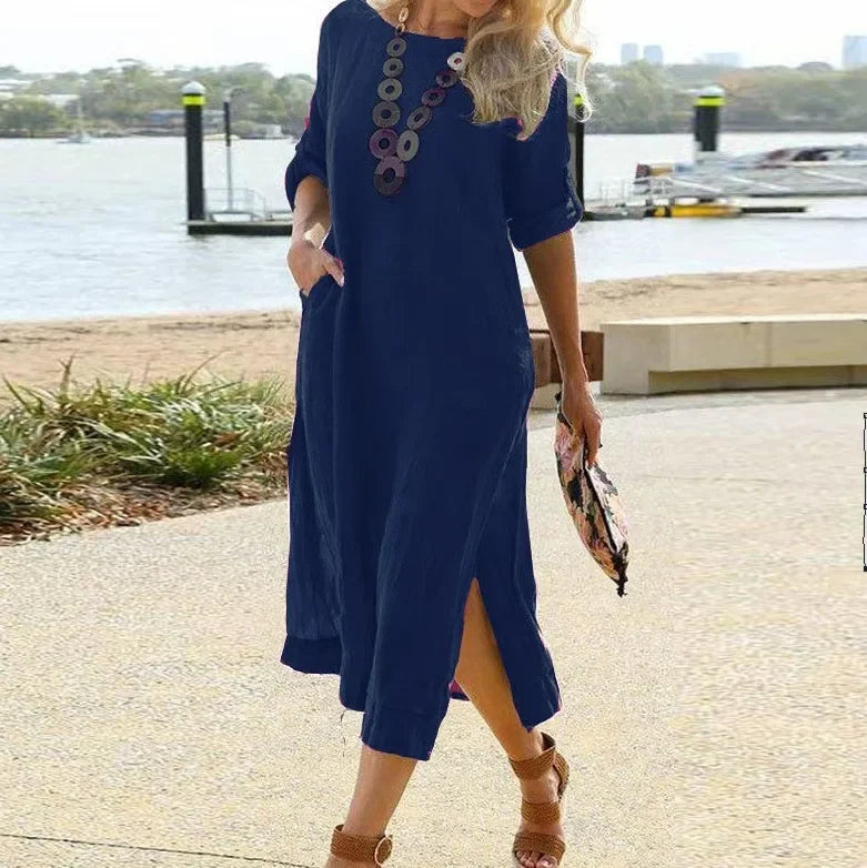 Spring Cotton Linen Oversize Women's Long Dress Black O-neck Pockets Side Split Loose Dresses Female Casual Ladies Clothes