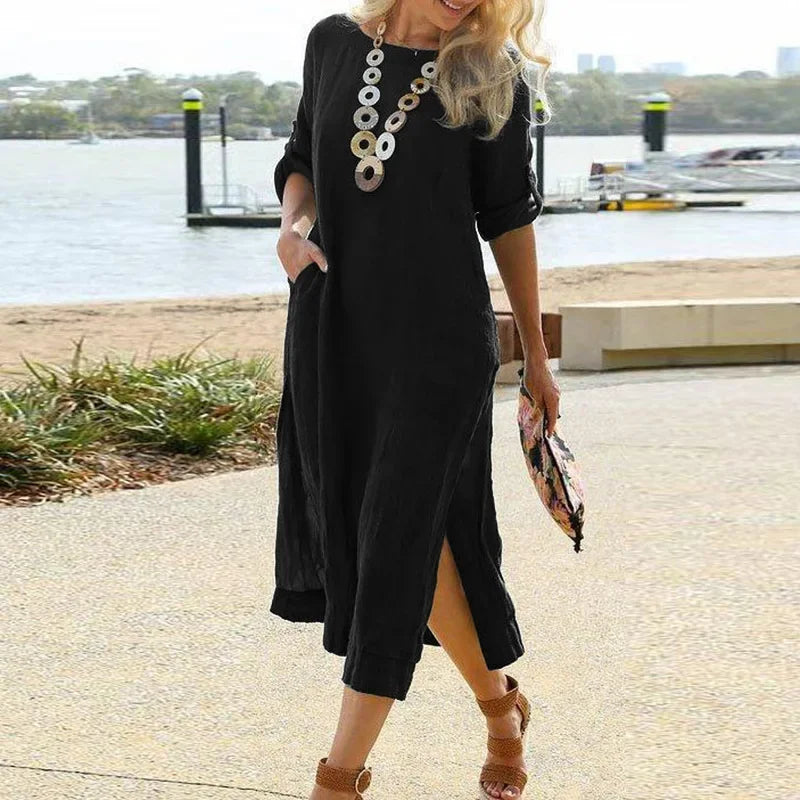 Spring Cotton Linen Oversize Women's Long Dress Black O-neck Pockets Side Split Loose Dresses Female Casual Ladies Clothes