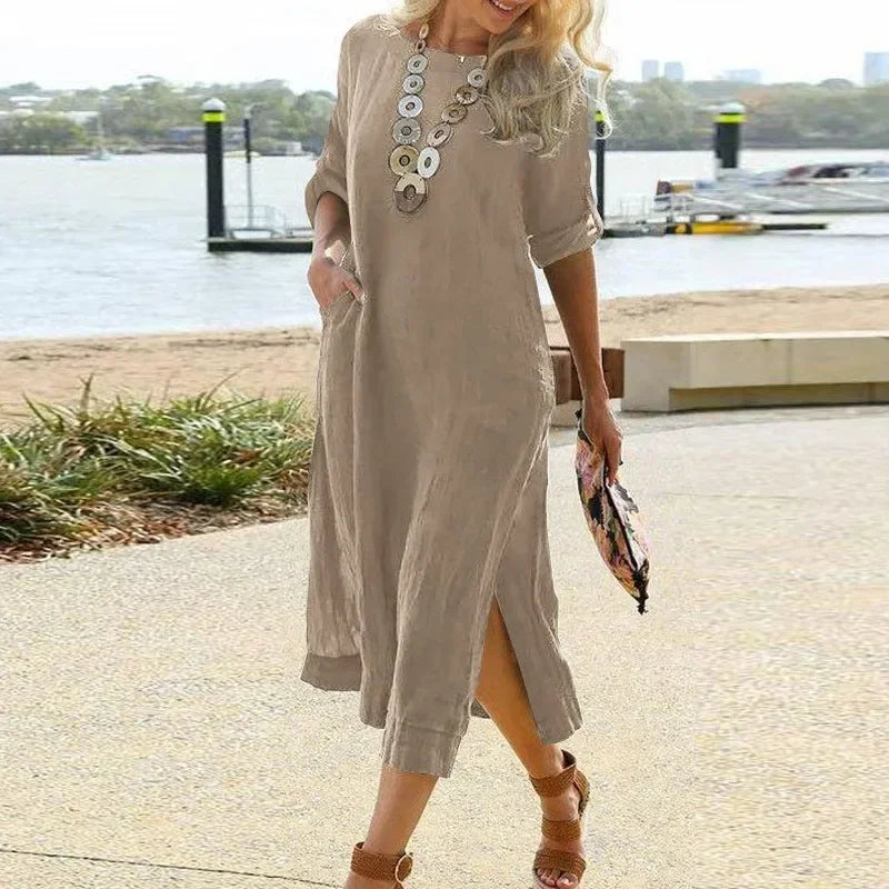 Spring Cotton Linen Oversize Women's Long Dress Black O-neck Pockets Side Split Loose Dresses Female Casual Ladies Clothes