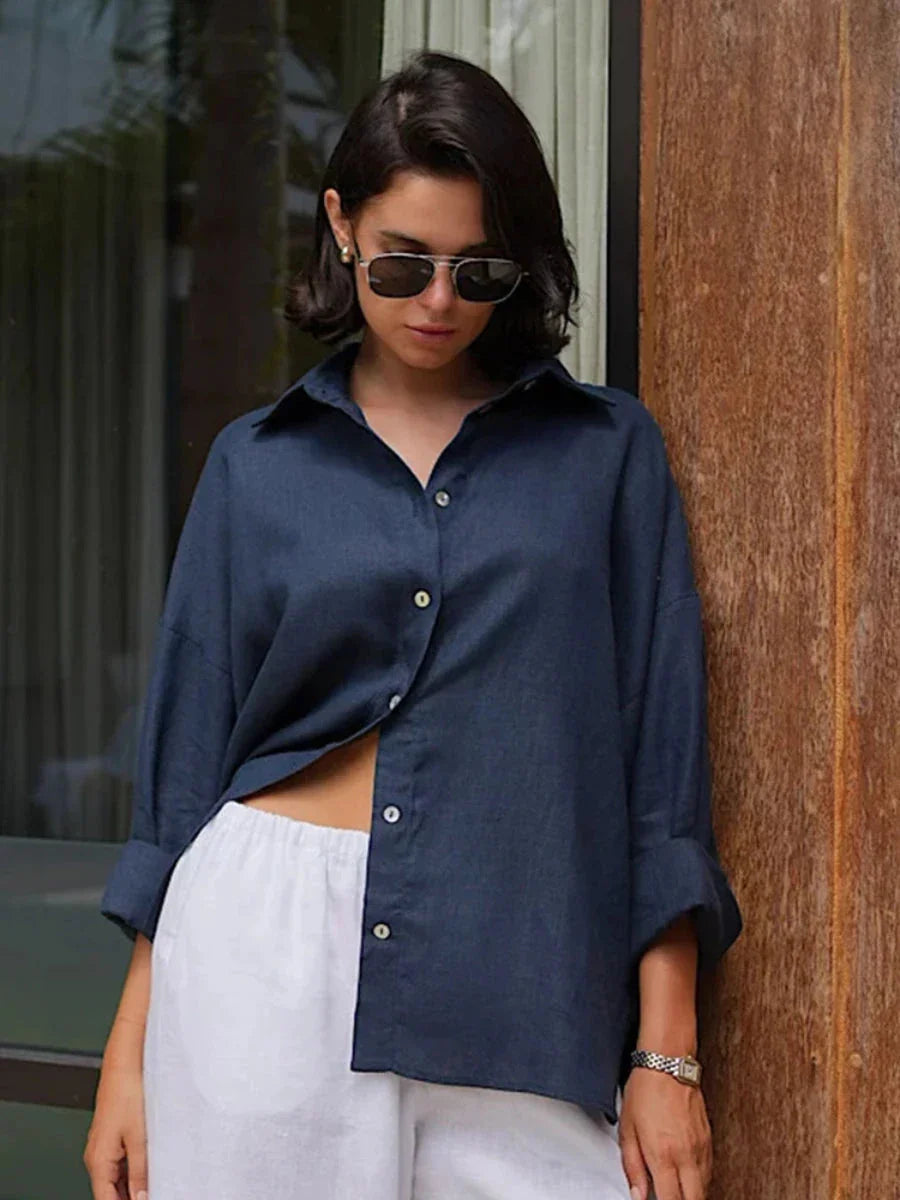 Women’s 100% Cotton Casual Shirt – Spring Summer Loose Fit Button-Down Cardigan Blouse, Solid Color Lightweight Top