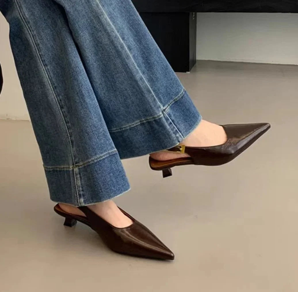 2025 Summer New Women Sandal Fashion Pointed Toe Shallow Slip on Ladies Elegant Slingback Shoes Thin Med Heel Dress Mules Pumps