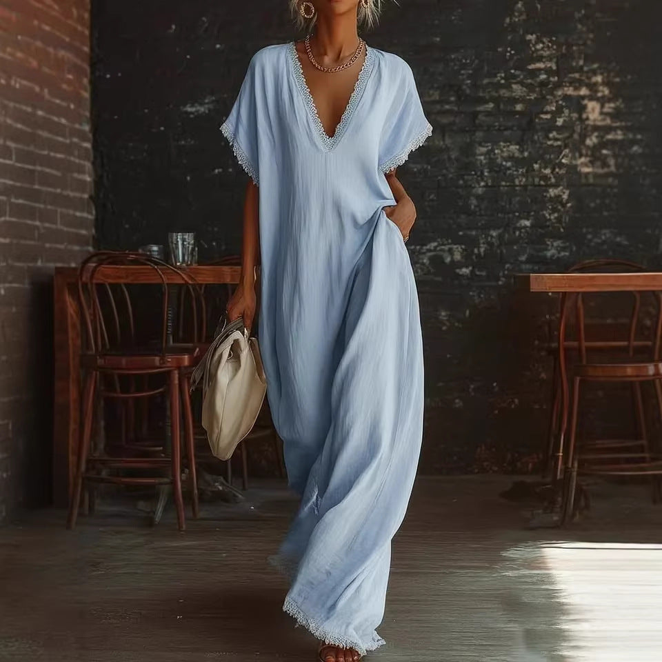 Lace-Trimmed Loose Linen Cotton Long Dress for Women