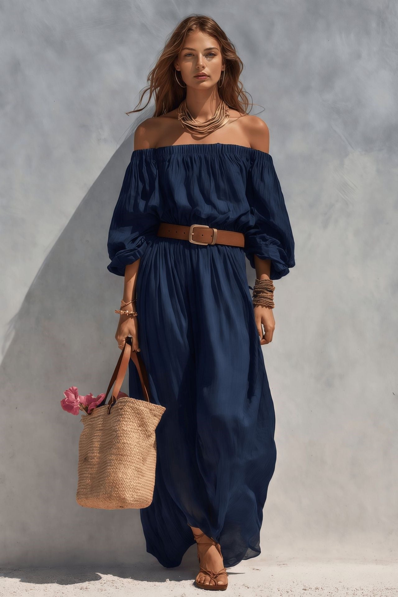 Women's Boat-Neck Sleeveless Cotton-Linen Maxi Dress