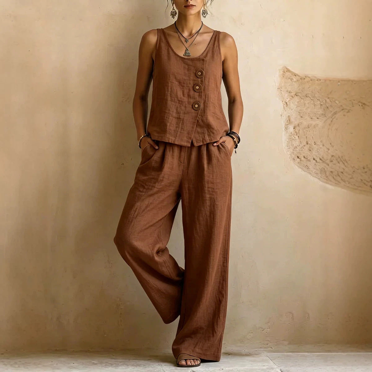 Women's Cotton Linen Sleeveless Tank Top & Pants Two-Piece Set