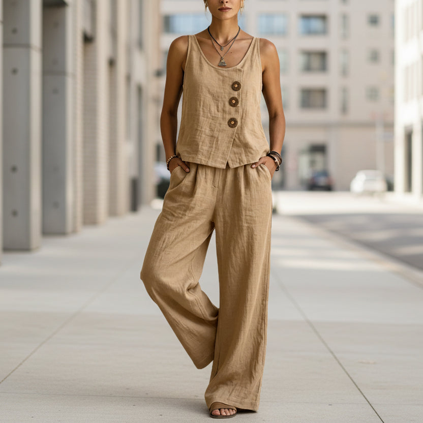 Women's Cotton Linen Sleeveless Tank Top & Pants Two-Piece Set