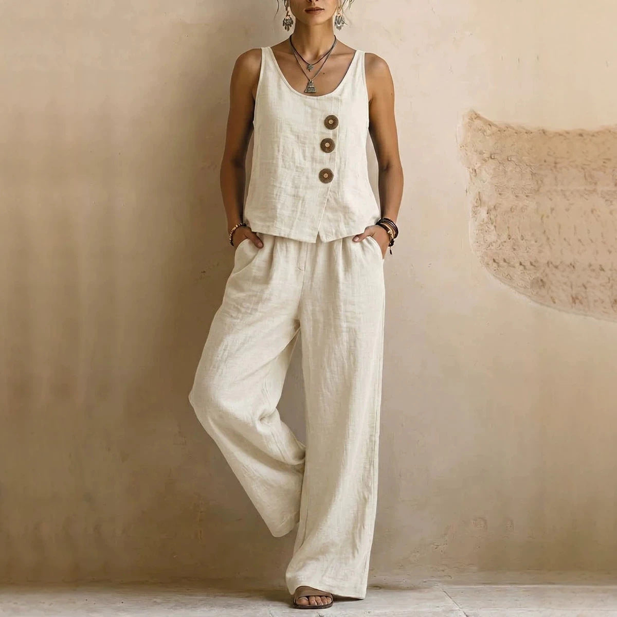 Women's Cotton Linen Sleeveless Tank Top & Pants Two-Piece Set