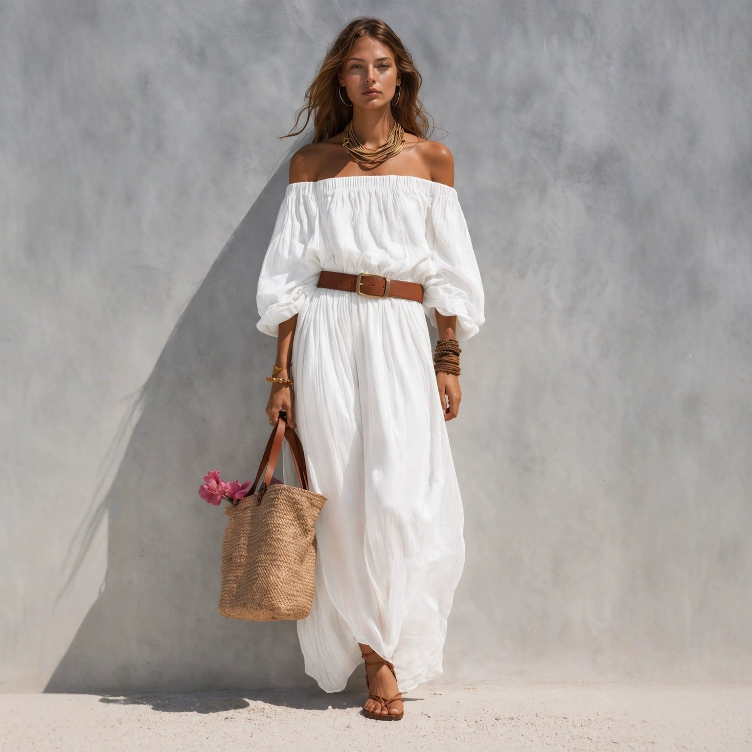 Women's Boat-Neck Sleeveless Cotton-Linen Maxi Dress