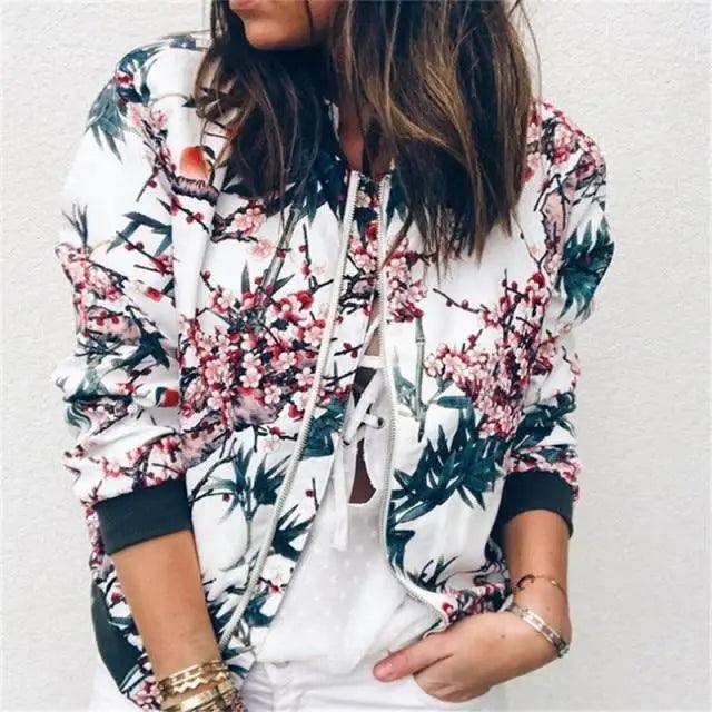 Luxurious Women Floral Jackets Spring Summer Long Sleeve Zipper Print Bomber Jacket Casual Pocket Slim Female Fashion Outwears Plus Size