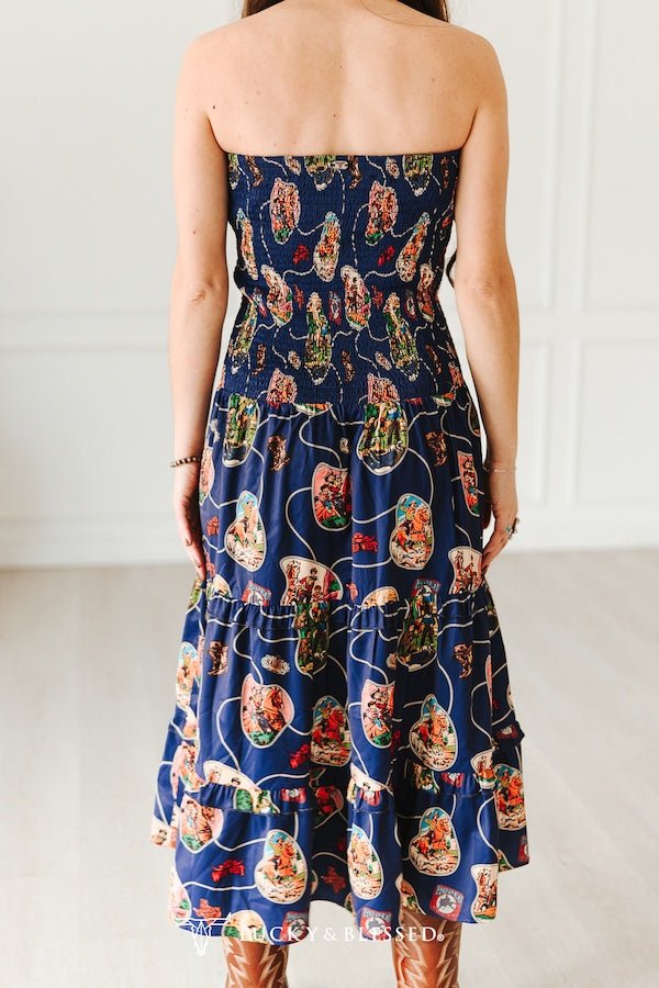 LUCKY & BLESSED Navy Retro Rodeo Print Smocked Strapless Western Midi Dress — Flowy Tiered Skirt with Vintage Rodeo Print
