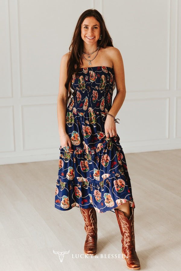 LUCKY & BLESSED Navy Retro Rodeo Print Smocked Strapless Western Midi Dress — Flowy Tiered Skirt with Vintage Rodeo Print