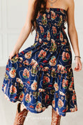 LUCKY & BLESSED Navy Retro Rodeo Print Smocked Strapless Western Midi Dress — Flowy Tiered Skirt with Vintage Rodeo Print