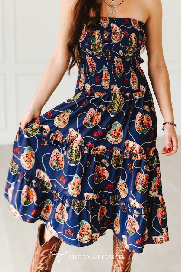 LUCKY & BLESSED Navy Retro Rodeo Print Smocked Strapless Western Midi Dress — Flowy Tiered Skirt with Vintage Rodeo Print