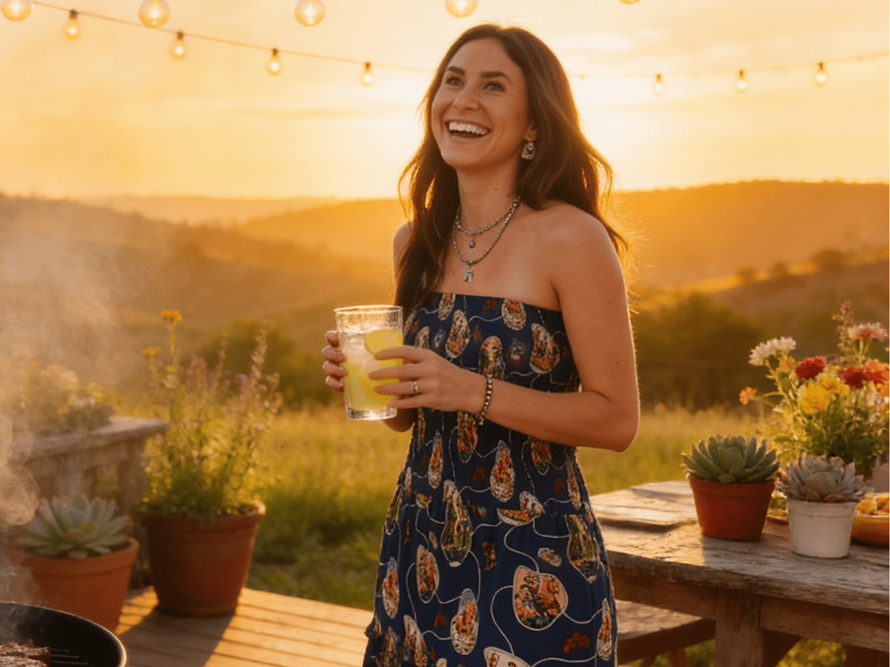 LUCKY & BLESSED Navy Retro Rodeo Print Smocked Strapless Western Midi Dress — Flowy Tiered Skirt with Vintage Rodeo Print