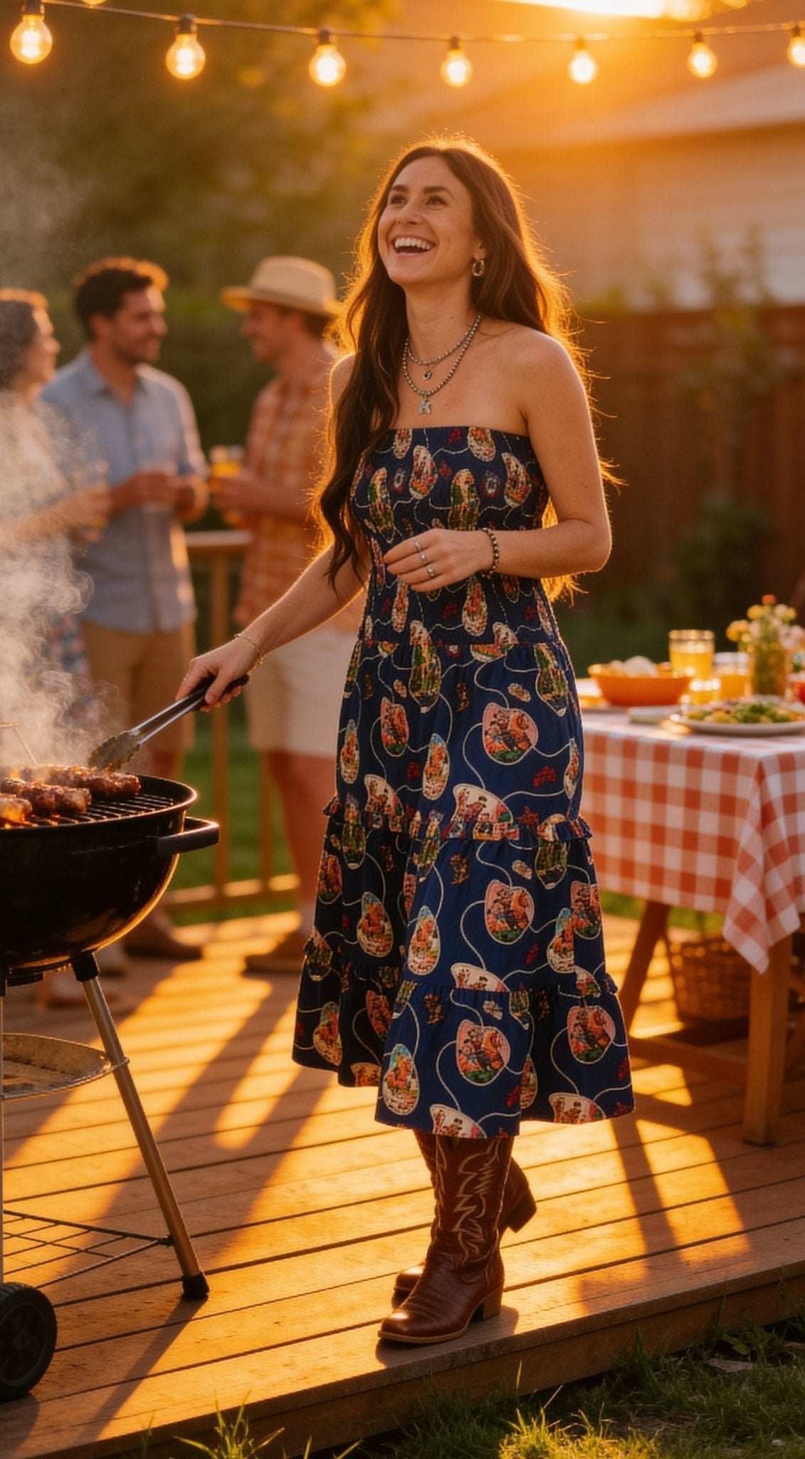 LUCKY & BLESSED Navy Retro Rodeo Print Smocked Strapless Western Midi Dress — Flowy Tiered Skirt with Vintage Rodeo Print